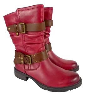 EARTH Women's Everwood Boots 8.5B
 Red Leather Mid-Calf Side Zipper Biker Moto